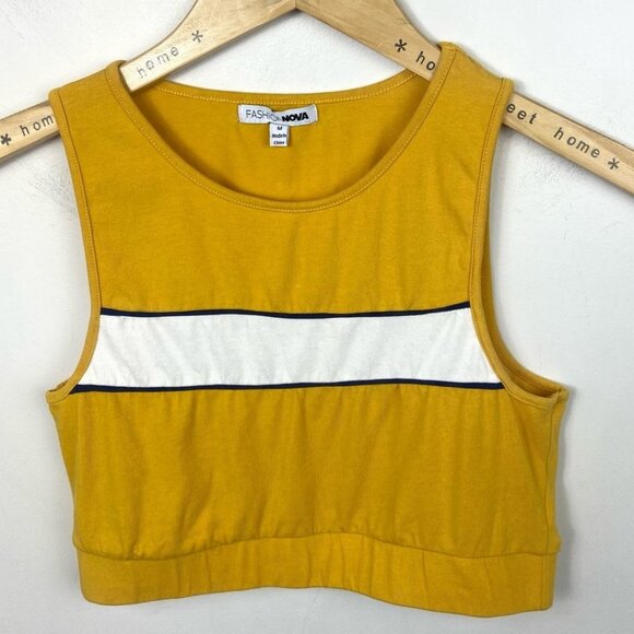 Fashion Nova Yellow Crop Top Striped Retro Size Medium White Stripe Mustard Boho - Picture 8 of 9